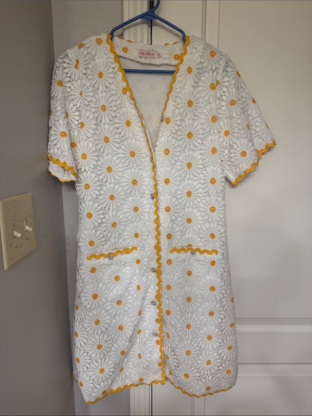 Ivy City Co White Crochet Daisy Mini Dress with Yellow Trim